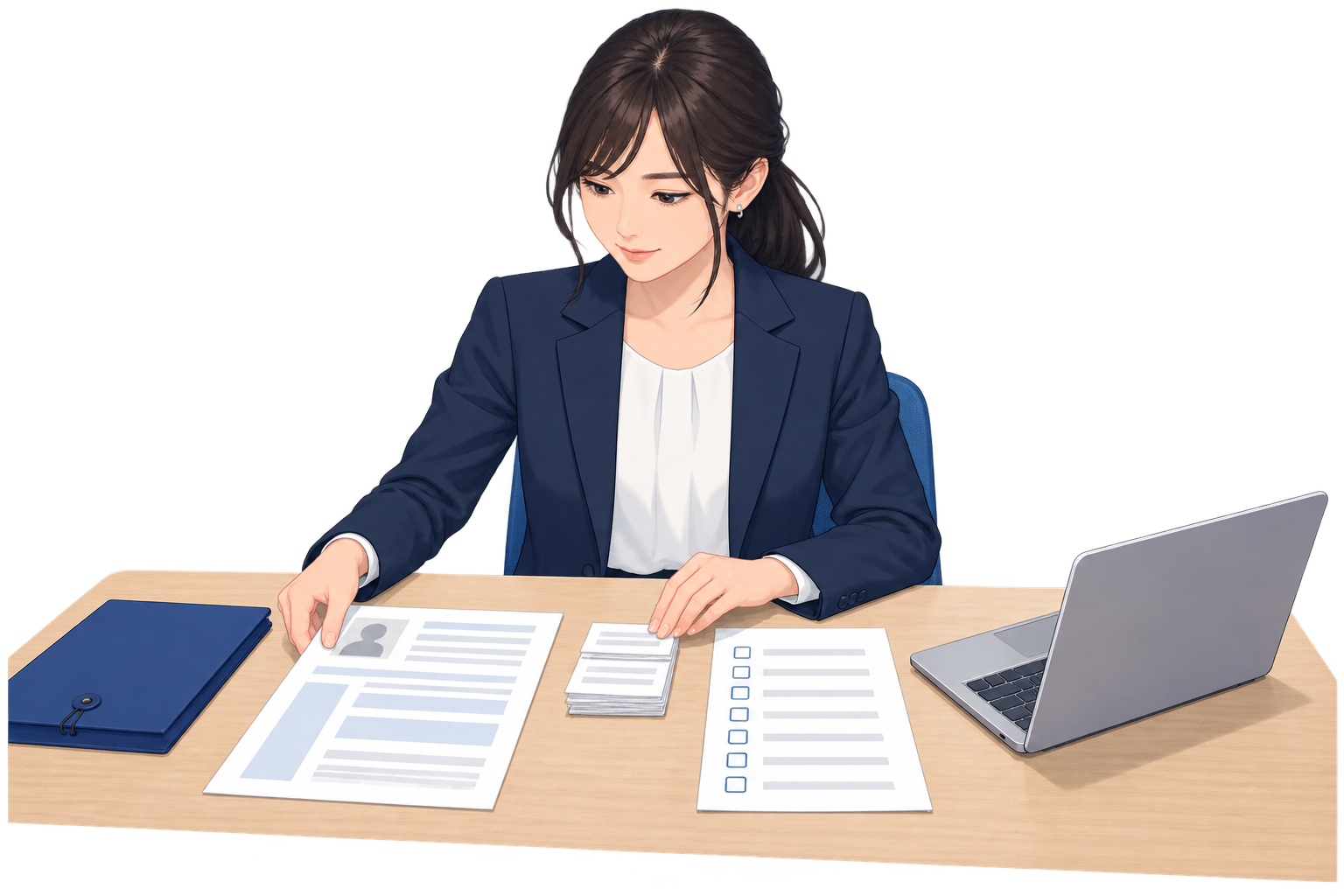 応募書類と面接準備を整理する人物